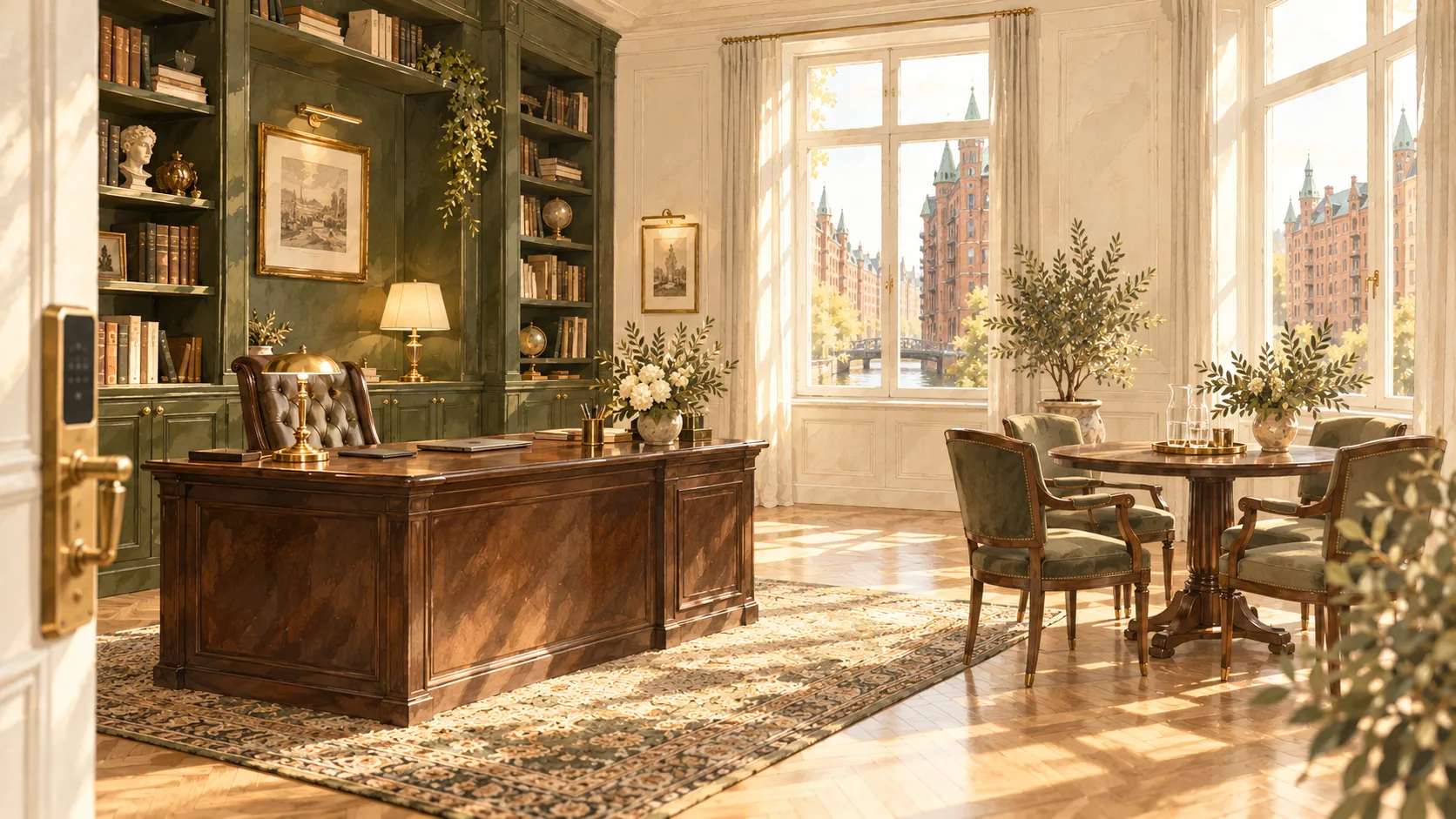 Kontor mit Schreibtisch und Bücherregal, durch das Fenster die Hamburger Speicherstadt